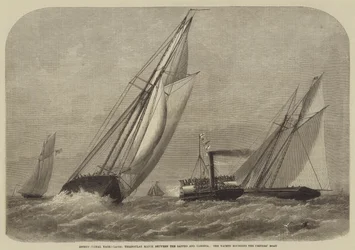 Internationale jachtraces, driehoekswedstrijd tussen de Sappho en Cambria, de jachten ronden de scheidsrechterboot